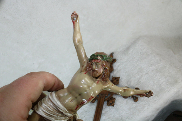 Antique French wood carved neo gothic Crucifix ceramic christ Rare