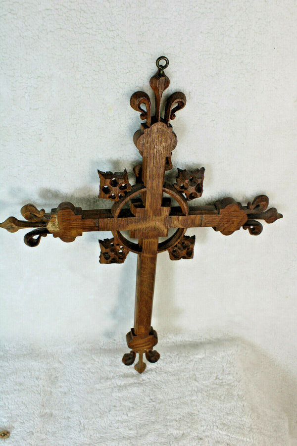 Antique French wood carved neo gothic Crucifix ceramic christ Rare