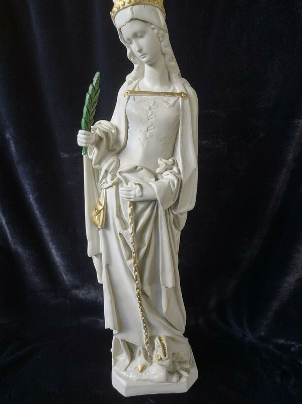 Antique XL french chalk Saint MArgaret Dragon statue figurine rare religious