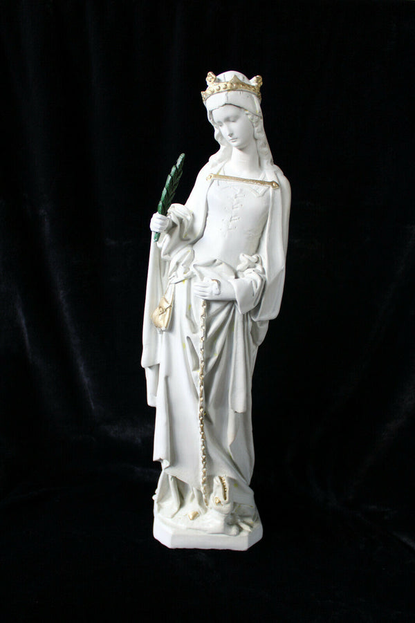 Antique XL french chalk Saint MArgaret Dragon statue figurine rare religious