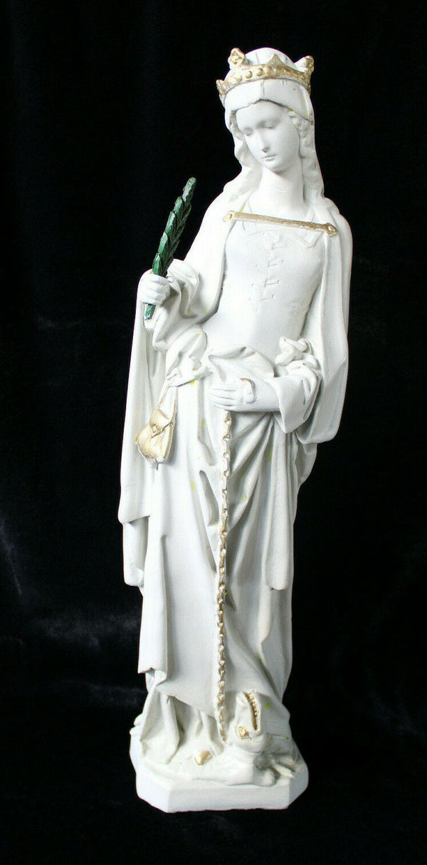 Antique XL french chalk Saint MArgaret Dragon statue figurine rare religious