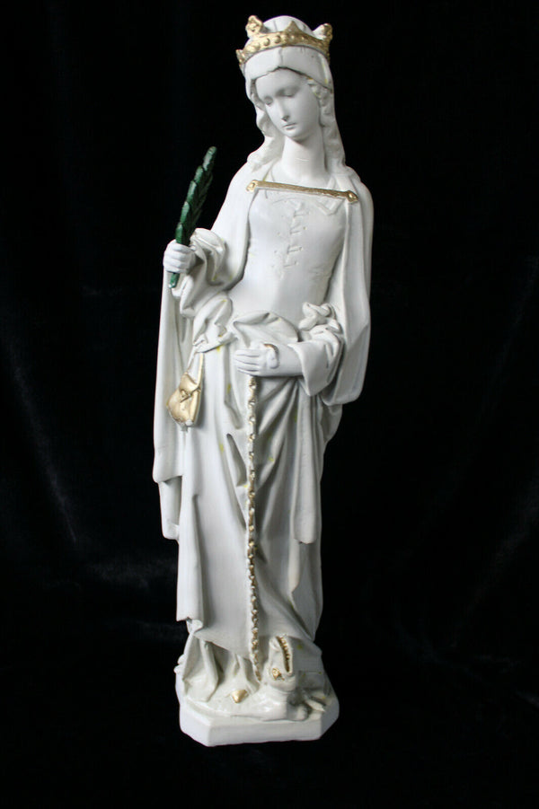 Antique XL french chalk Saint MArgaret Dragon statue figurine rare religious