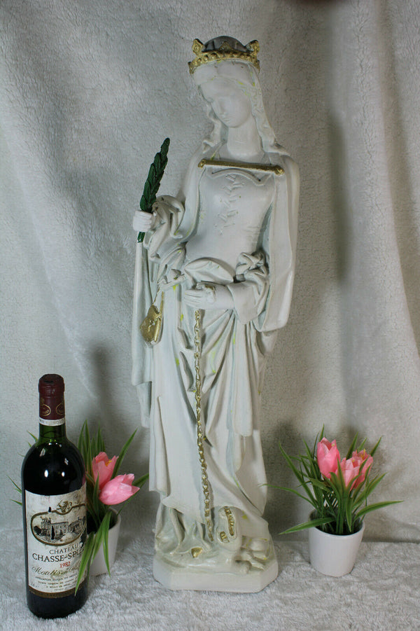 Antique XL french chalk Saint MArgaret Dragon statue figurine rare religious