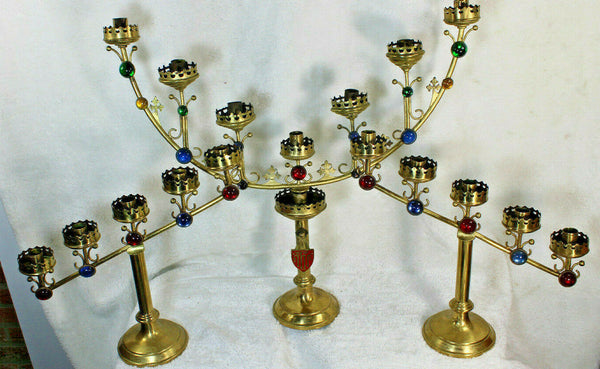 Set 3 antique church altar candelabras Candleholder brass stones religious