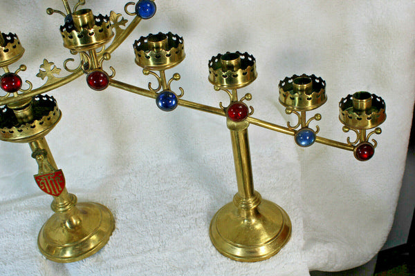 Set 3 antique church altar candelabras Candleholder brass stones religious