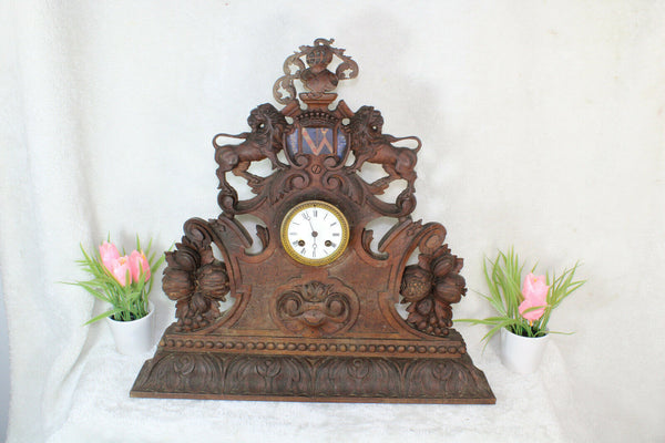 Antique 19th Black forest wood carved knight lions mantel clock rare