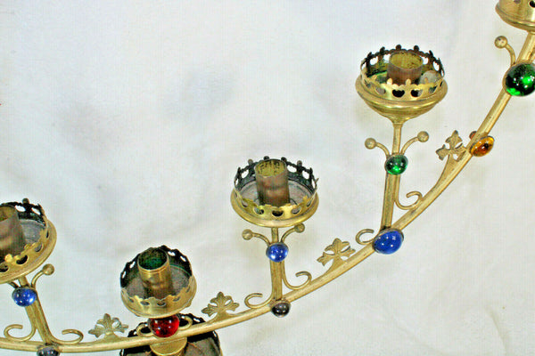 Set 3 antique church altar candelabras Candleholder brass stones religious