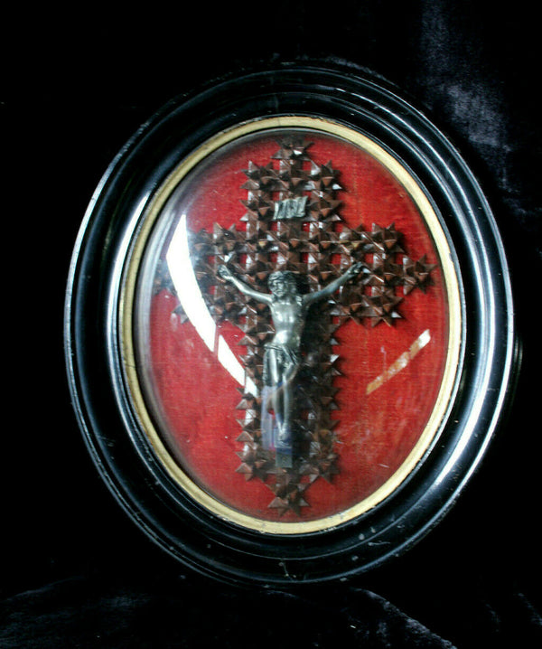 Antique napoleon III Crucifix leather framed behind convex glass religious