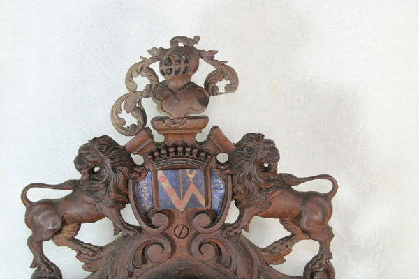 Antique 19th Black forest wood carved knight lions mantel clock rare