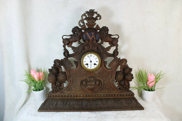 Antique 19th Black forest wood carved knight lions mantel clock rare