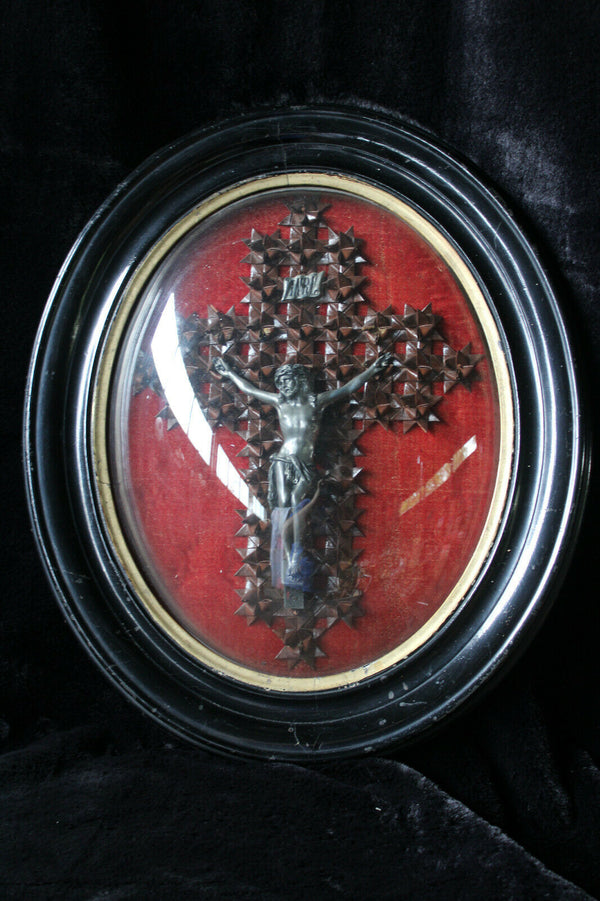Antique napoleon III Crucifix leather framed behind convex glass religious