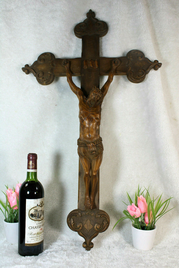 Huge XXL french antique jansenism wood carved crucifix christ Church religious