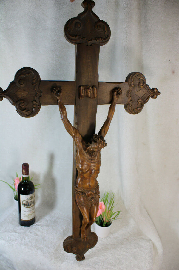 Huge XXL french antique jansenism wood carved crucifix christ Church religious