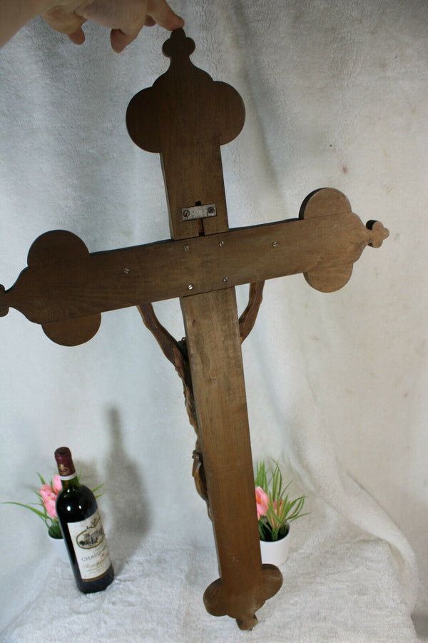 Huge XXL french antique jansenism wood carved crucifix christ Church religious