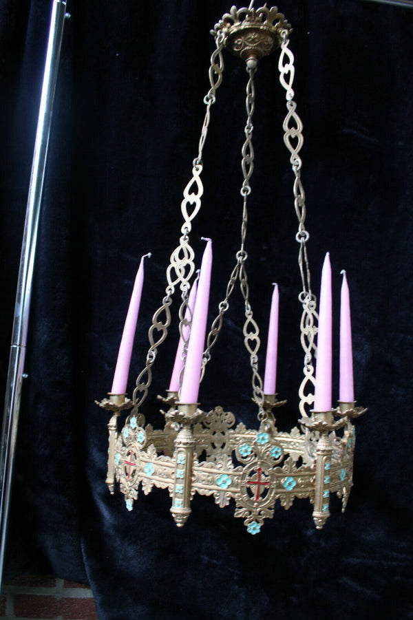 Antique French bronze religious church Enamel Chandelier candle holders lamp