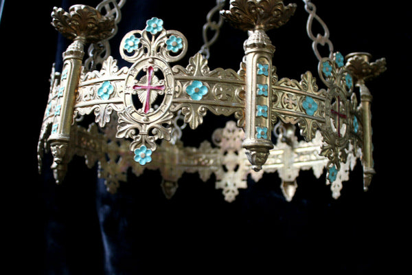 Antique French bronze religious church Enamel Chandelier candle holders lamp