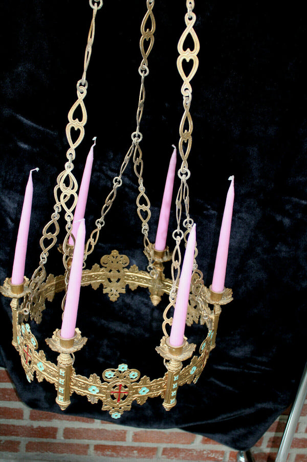 Antique French bronze religious church Enamel Chandelier candle holders lamp