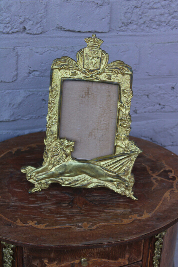 Antique French bronze picture photo frame heraldic lion