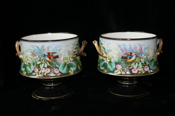 PAIR antique french porcelain vieux paris hand paint bird planter jardiniere