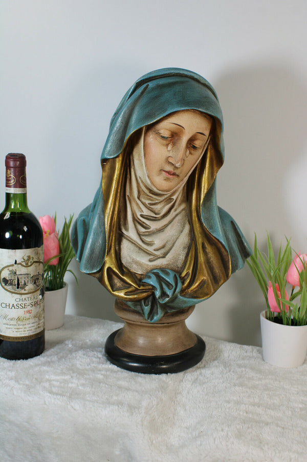 Antique French chalkware polychrome bust statue MAdonna Mary rare religious