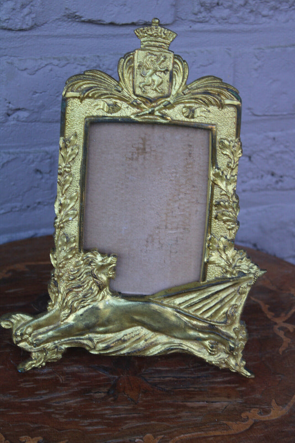 Antique French bronze picture photo frame heraldic lion