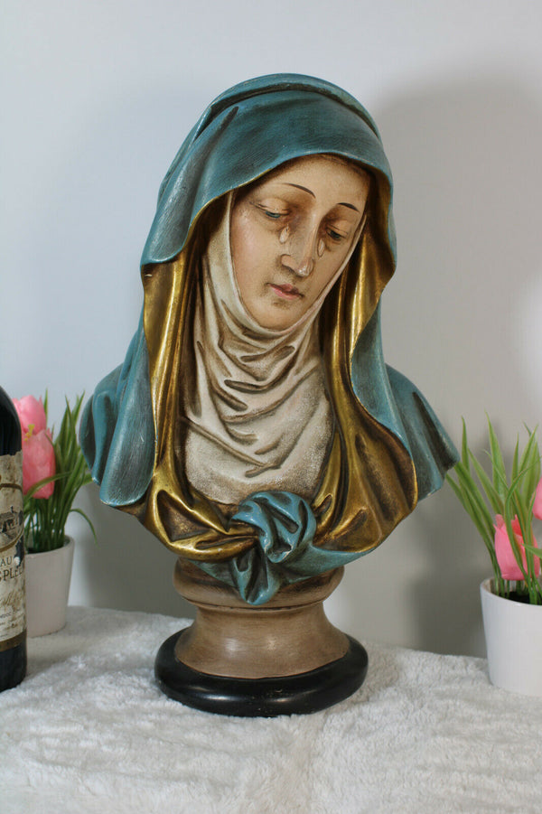 Antique French chalkware polychrome bust statue MAdonna Mary rare religious