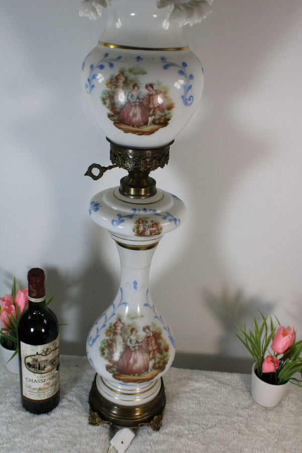 French 1960 opaline glass romantic victorian scene Lamp