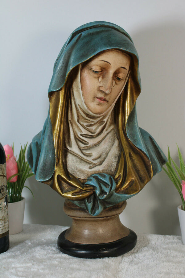Antique French chalkware polychrome bust statue MAdonna Mary rare religious