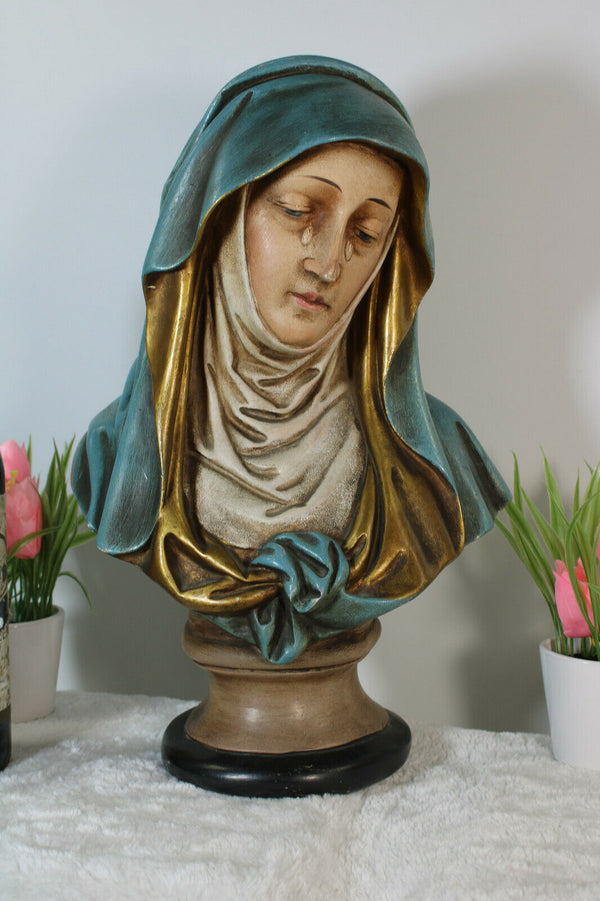 Antique French chalkware polychrome bust statue MAdonna Mary rare religious