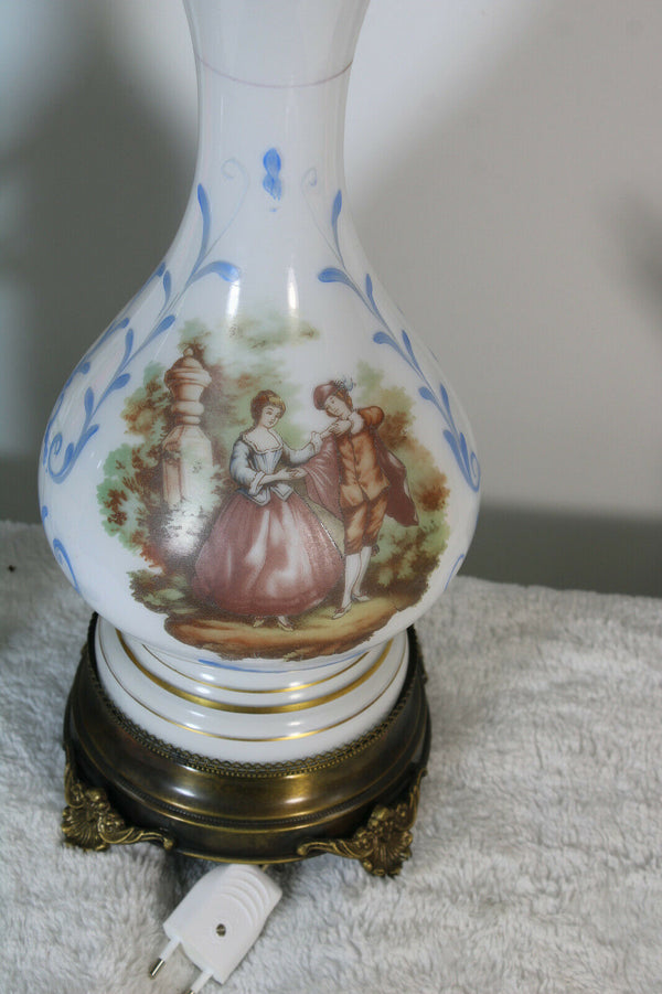 French 1960 opaline glass romantic victorian scene Lamp