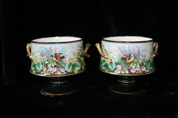 PAIR antique french porcelain vieux paris hand paint bird planter jardiniere