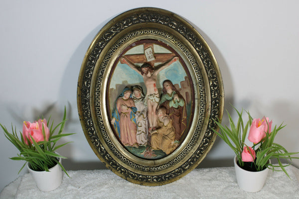 Antique ceramic crucifix Bible scene plaque Religious