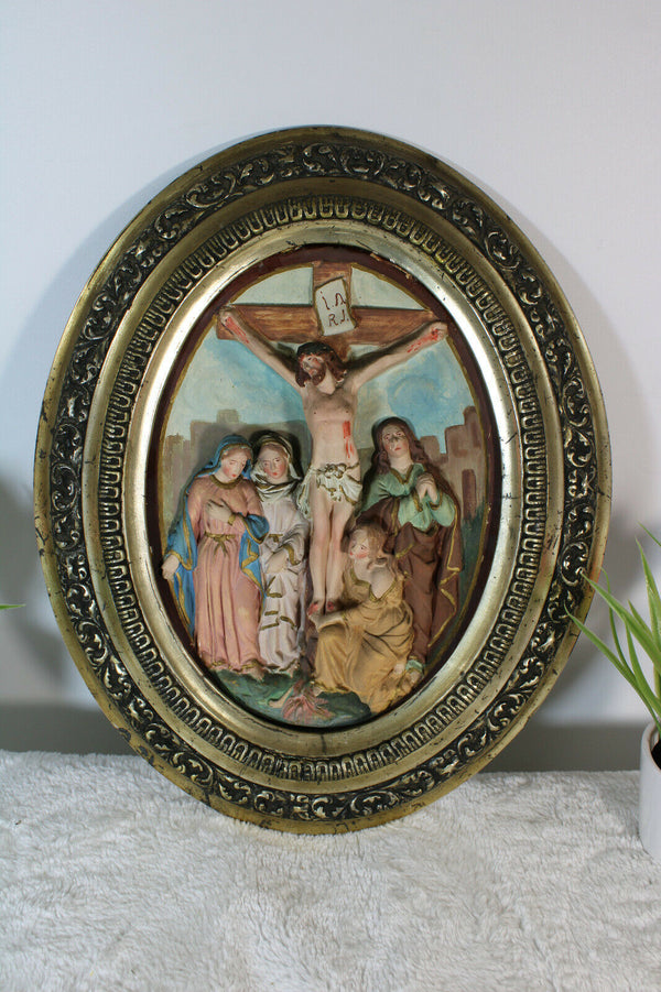 Antique ceramic crucifix Bible scene plaque Religious