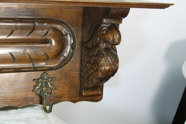 Vintage oak wood carved EAgle parrot  bird wall coat rack