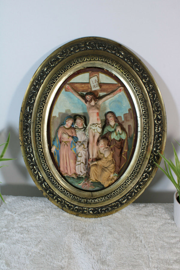 Antique ceramic crucifix Bible scene plaque Religious