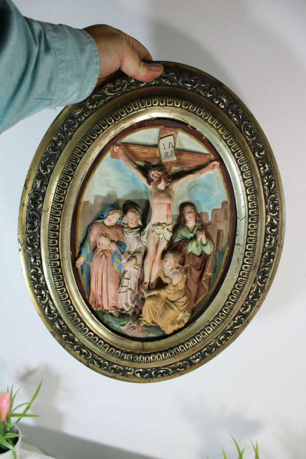 Antique ceramic crucifix Bible scene plaque Religious