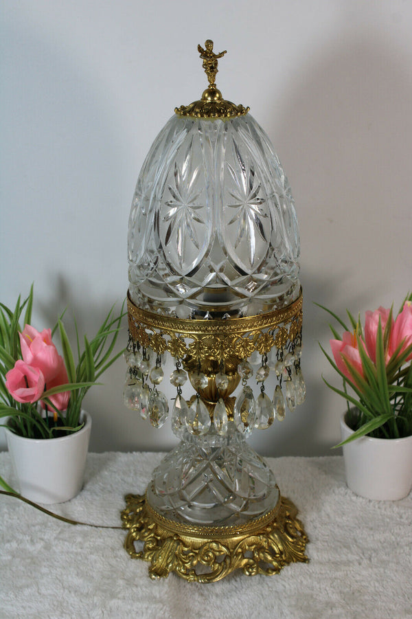 Vintage French Crystal glass Brass cherub putti lamp