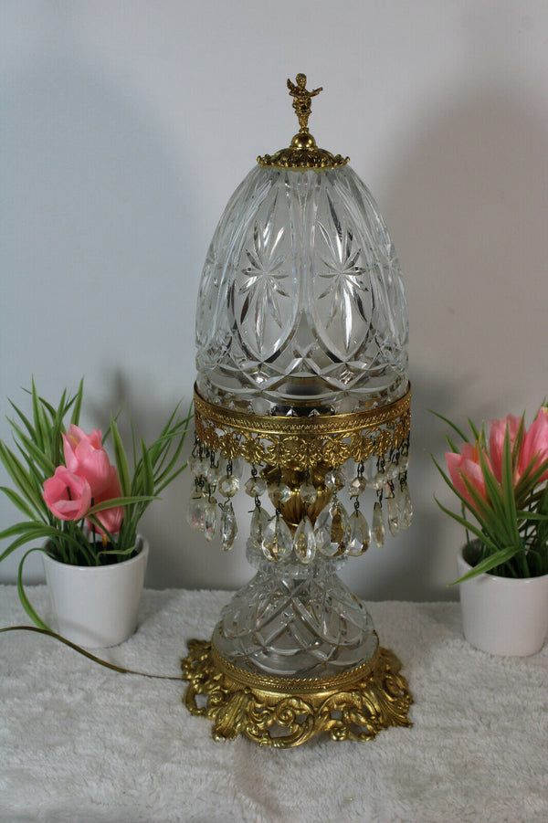 Vintage French Crystal glass Brass cherub putti lamp