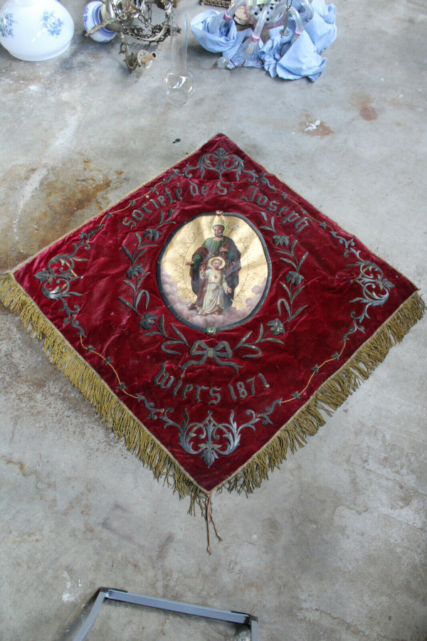 Antique 1871 French religious procession BAnner flag saint joseph