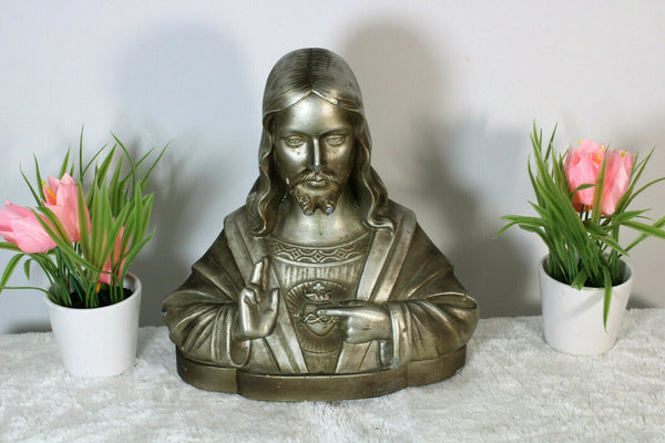 Antique French silver chalkware Art deco sacred heart christ bust statue