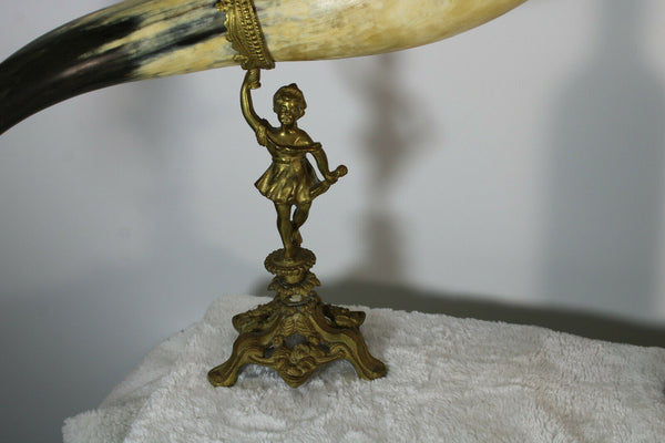 Antique pair XL French cornucopia horn brass statue angel cherub