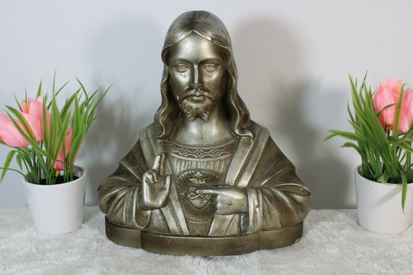Antique French silver chalkware Art deco sacred heart christ bust statue