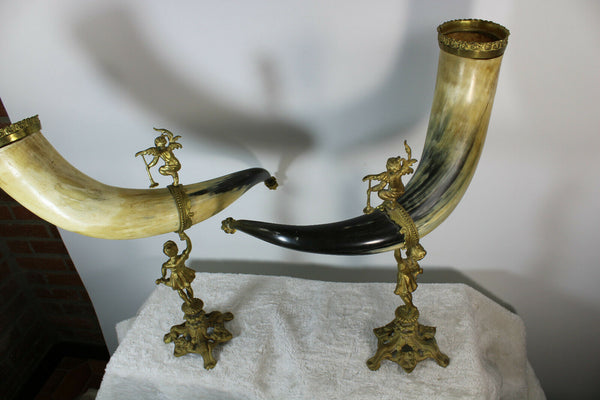 Antique pair XL French cornucopia horn brass statue angel cherub