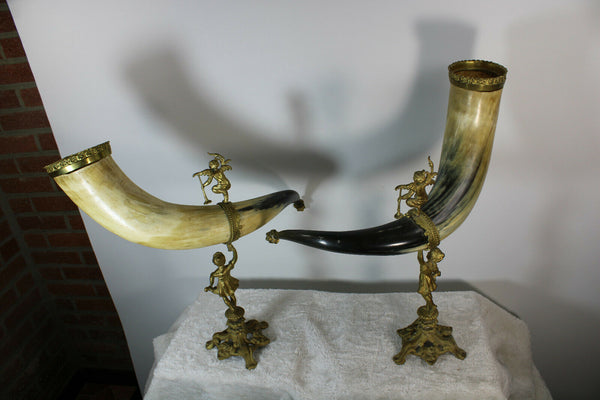 Antique pair XL French cornucopia horn brass statue angel cherub