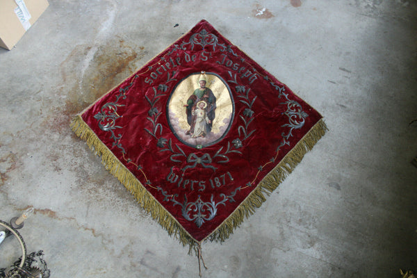 Antique 1871 French religious procession BAnner flag saint joseph