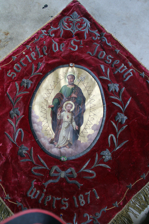 Antique 1871 French religious procession BAnner flag saint joseph