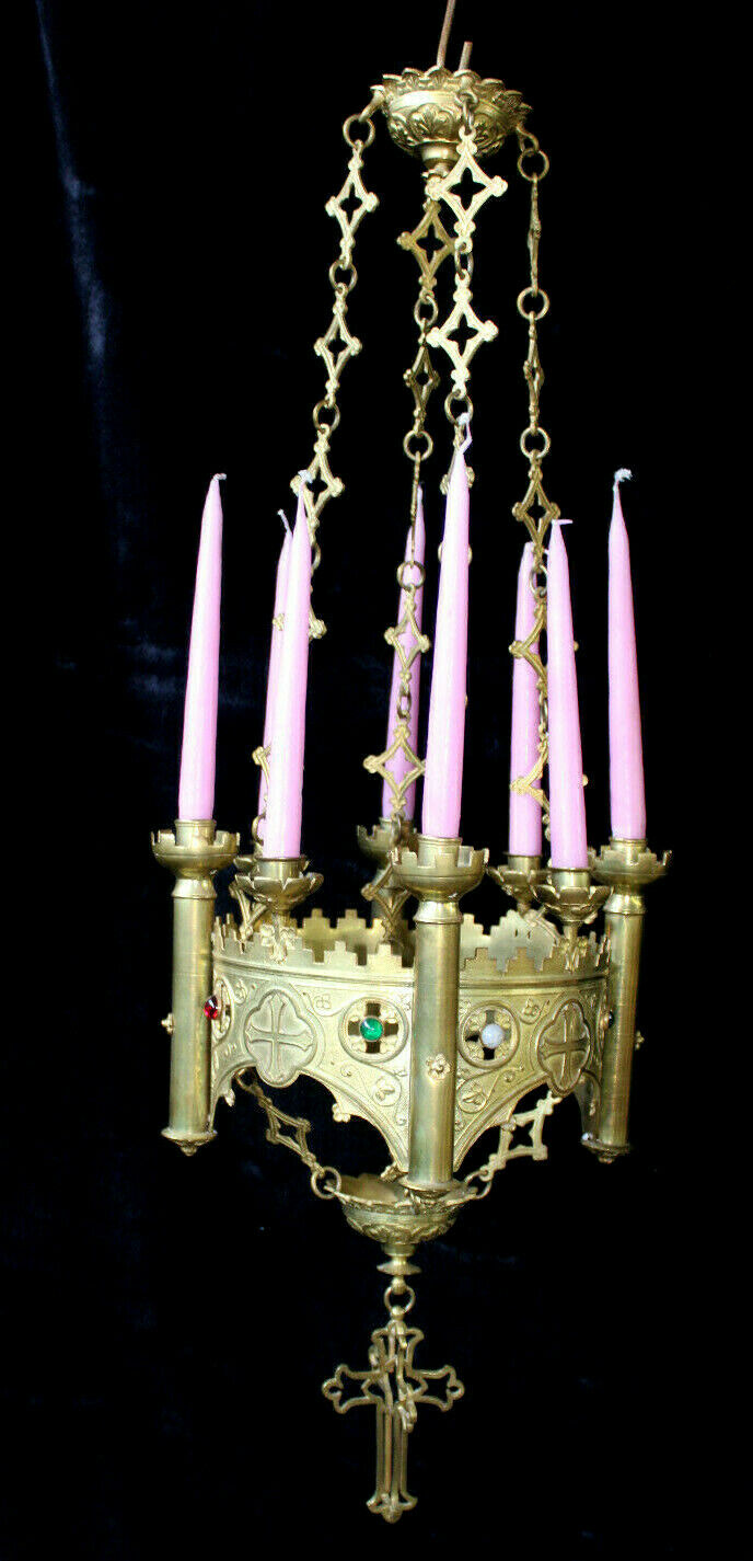 Antique church neo gothic brass religious chandelier candle holder Lamp  stones