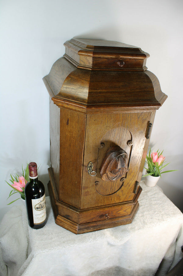 Antique French oak wood carved church altar tabernacle madonna mary Drawers