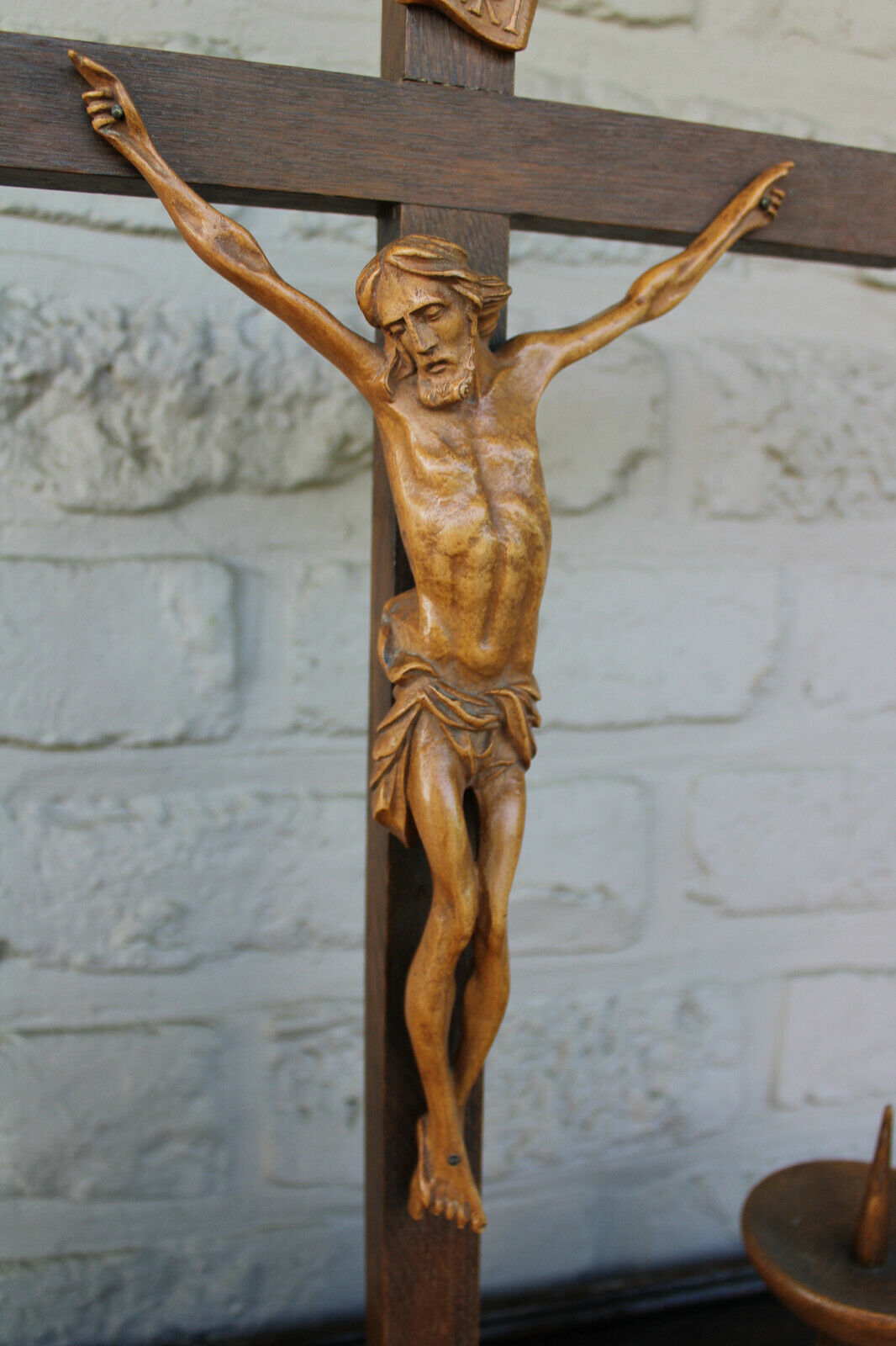 Antique bronze altar church candle holders crucifix set religious rare