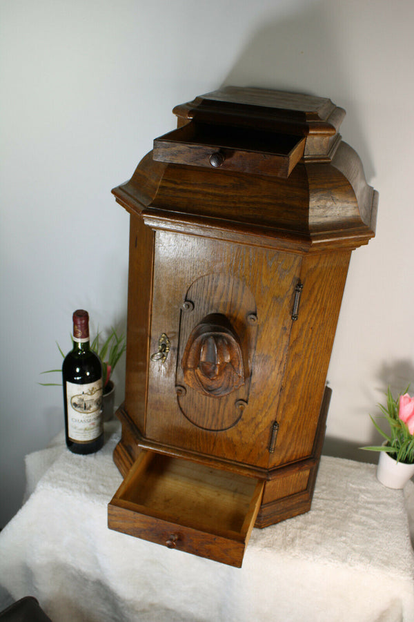 Antique French oak wood carved church altar tabernacle madonna mary Drawers